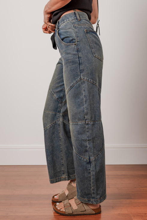 High Rise Exposed Seam Wide Leg Denim Jeans